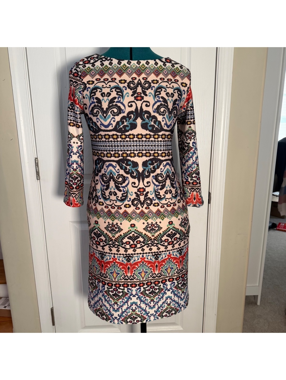 ISLE by Melis Kozan Boho Paisley Geometric 3/4 Sleeve Shift Dress Multicolor